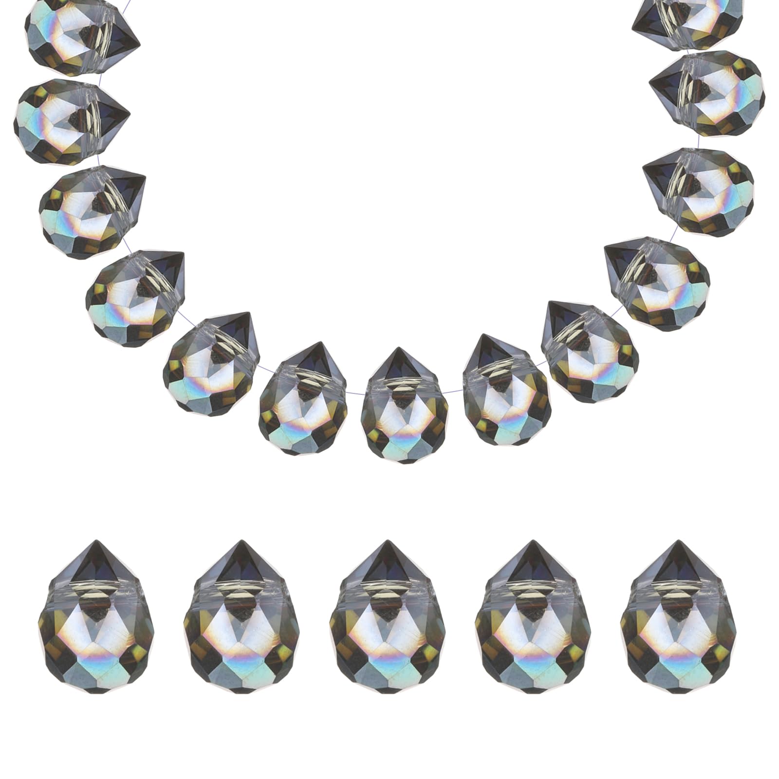 PATIKIL 100 Pcs Faceted Teardrop Crystal Beads,8x10mm Top Drilled Glass Beads Colorful Crystal Shiny Teardrop Dangle Charms for DIY Craft Necklace Bracelet Earring Jewelry, Deep Iridescent
