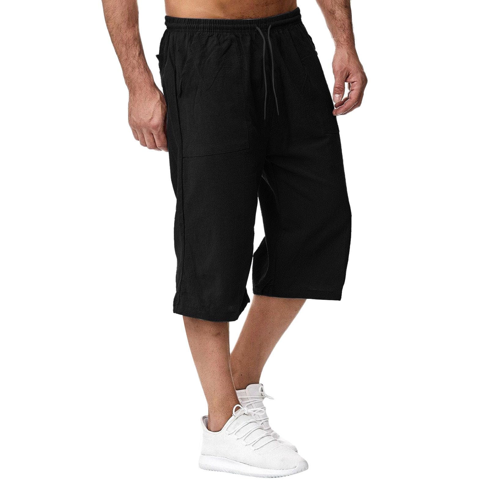 Pantalon 3/4 Homme Coton Lin, Pantacourt Homme été Leger Taille éLastique Couleur Unie Chic Pantalon de Plage avec Cordon de Serrage et Poches Short et Bermuda Casual Yoga
