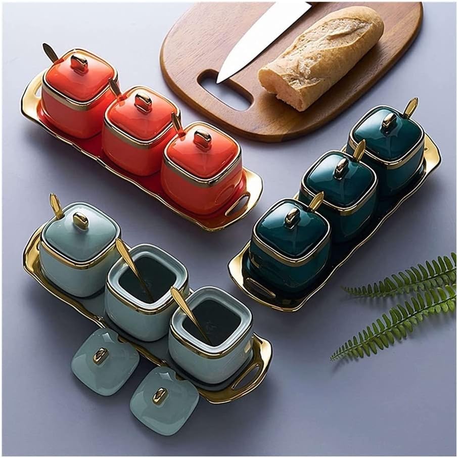 Modern Spice Box Seasoning Jar, Set of 3 Salt Pot Seasoning Canister, Porcelain Condiment Pot Salt Container with Lid, Spoon and Tray (Color : Orange, Size : 3 Set)