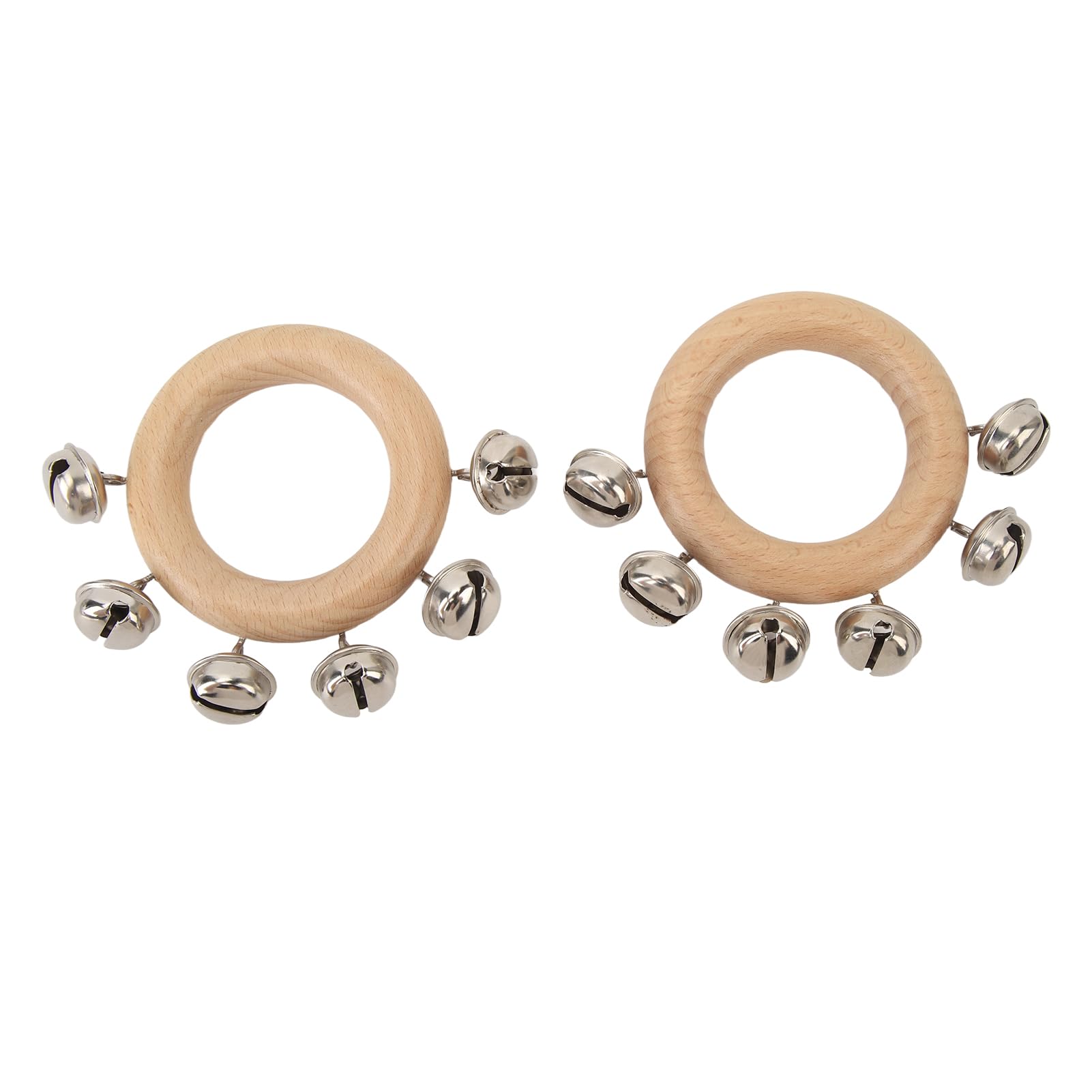 Hand Jingle Bells, 2 Pcs Wooden Handle Bell Round 8cm Diameter Hand Sleigh Bell Portable Musical Bell Instrument Handhold Bell Rattles for Education Party Christmas Gathering