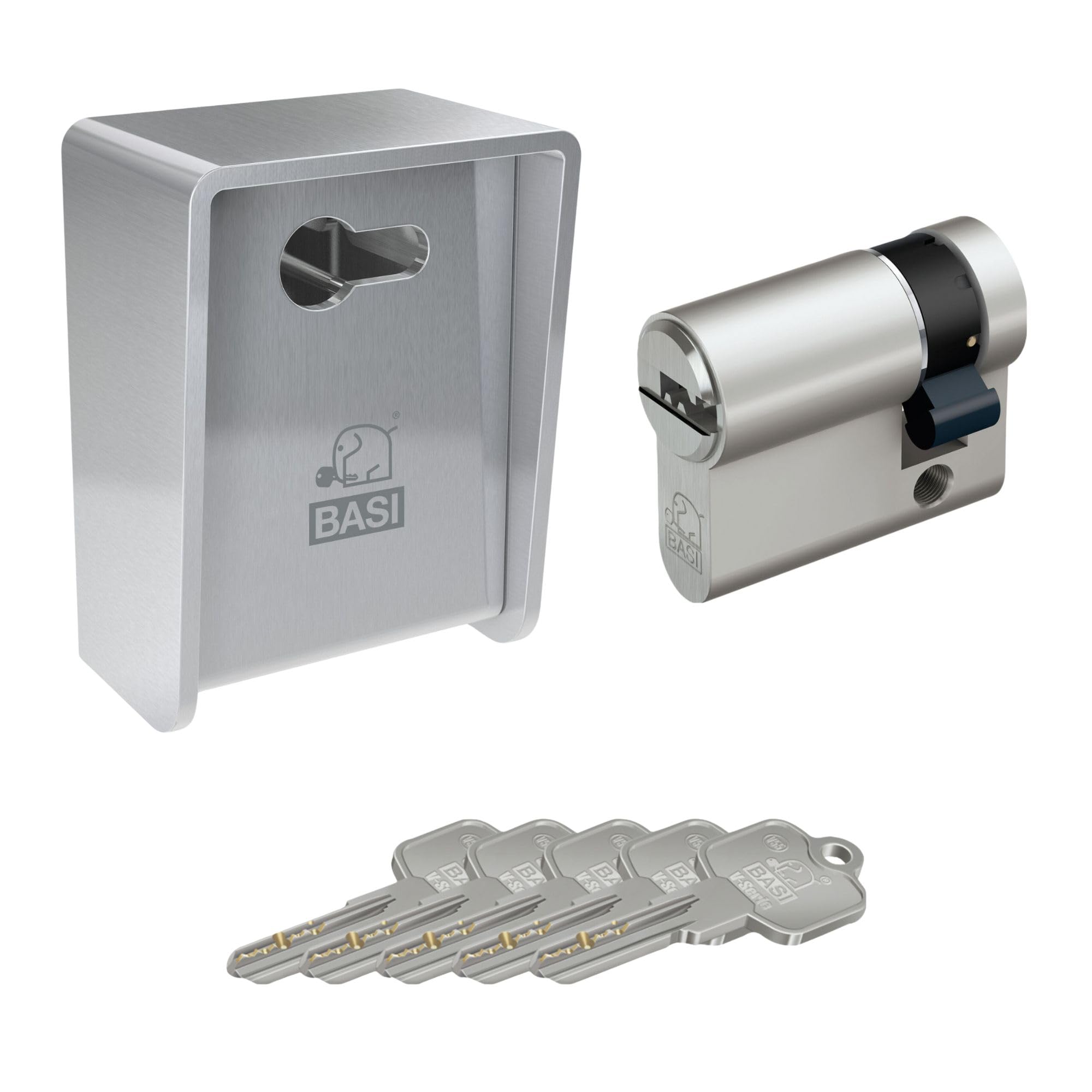 BASI set di chiavi con cilindro a profilo abbinato e 5 chiavi reversibili, acciaio inox di alta qualità, cassetta per chiavi per interni ed esterni, montaggio a parete