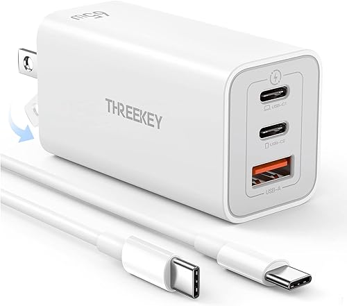 Cargador de pared USB C, cargador USB C multipuerto THREEKEY de 65 W, bloque de cargador rápido plegable compatible con MacBook Pro/Air, Surface