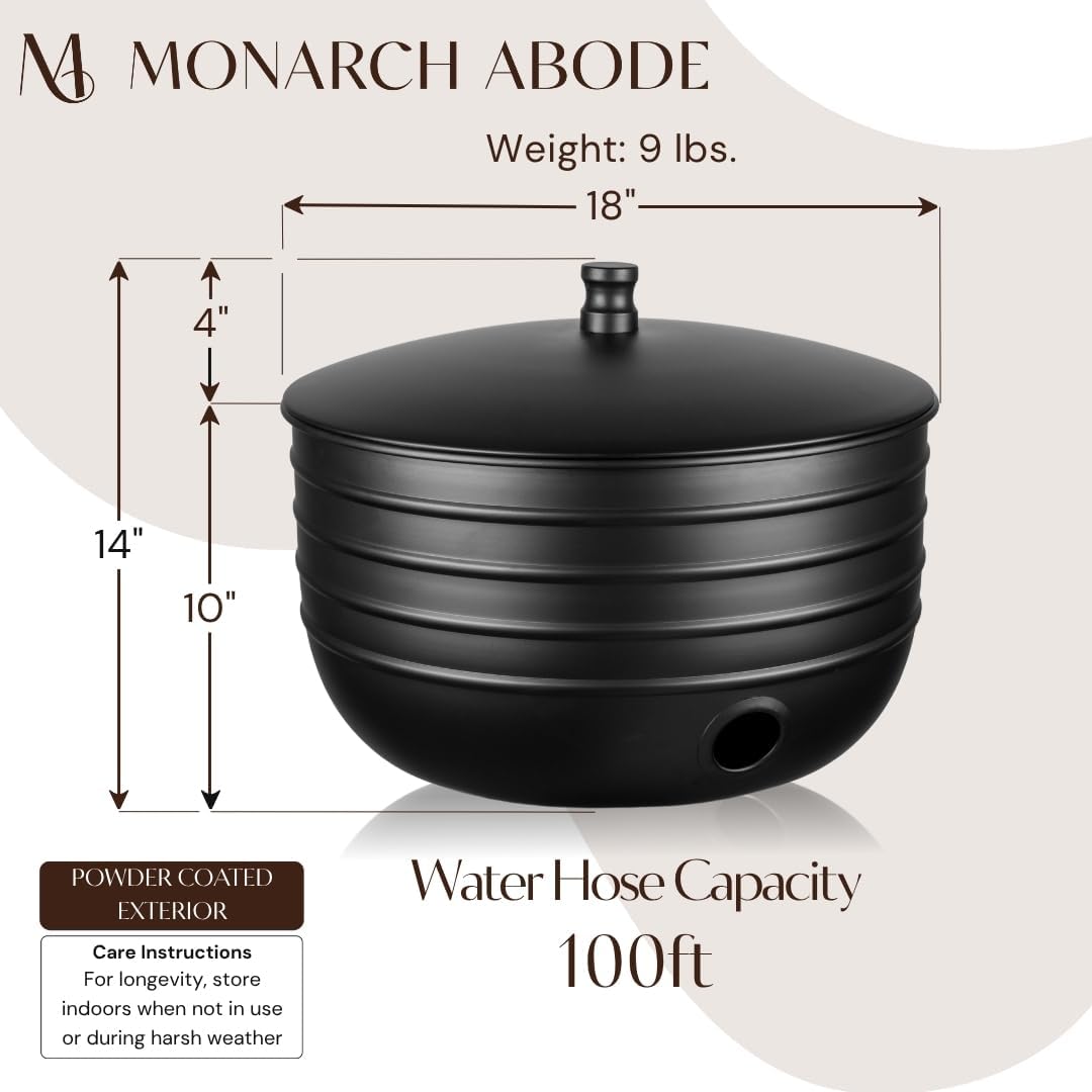 Monarch Abode Garden Hose Holder with Lid – Decorative Water Hose Holders for Outside, Border Embossed Metal Matte Black Pot with Drainage, 100ft Waterhose Holder for Outside, Garden Storage Caddy