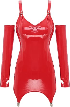 YiZYiF Womens Patent Leather Back Zipper Bodycon Dress with Metal Clips Club Party Latex Mini Dress