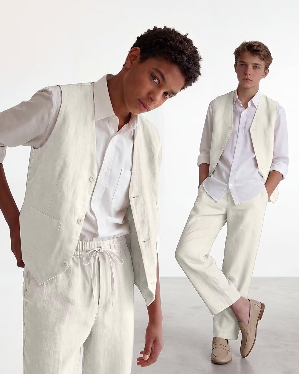 Retro Linen Boys Suit Slim Fit 5 Piece Sets Kids Wedding Outfit Linen Suits Casual Drawstring Tuxedo Set for Boy