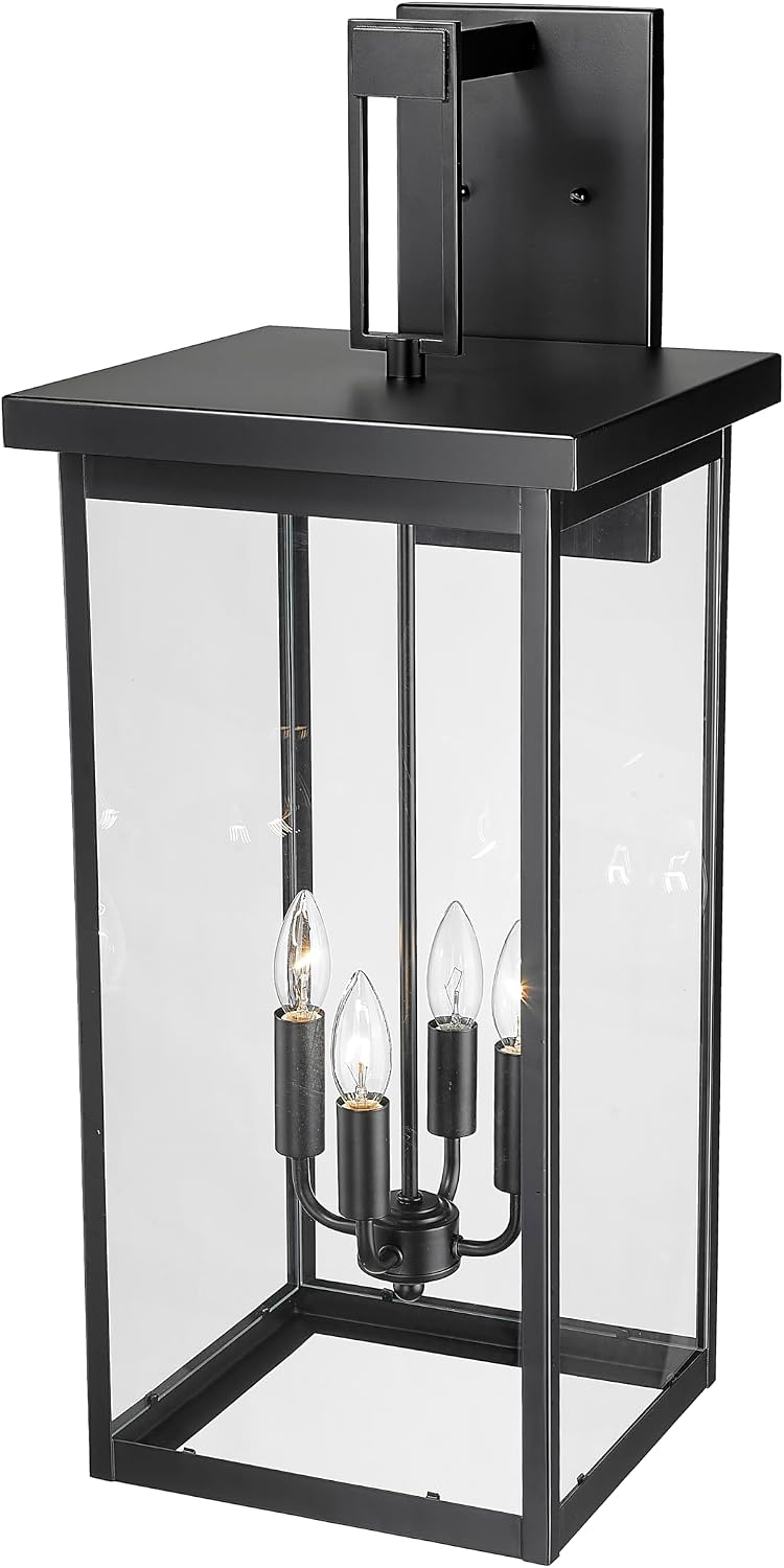 ML Lighting | Barkeley Collection | 42606-PBK | 30" Modern Four Bulb Outdoor Steel X-Large Wall Sconce | Anti-Rust Powder Coat Black with Clear Glass Shade | Exterior Ambient Light for Safety