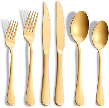 Matte Gold Silverware Set with Steak Knives,Stainless Steel Flatware Set for 6,Modern Cutlery Utensils Set,Spoons and Forks Set for Restaurant,Dishwasher Safe Gold, 24 Piece Set