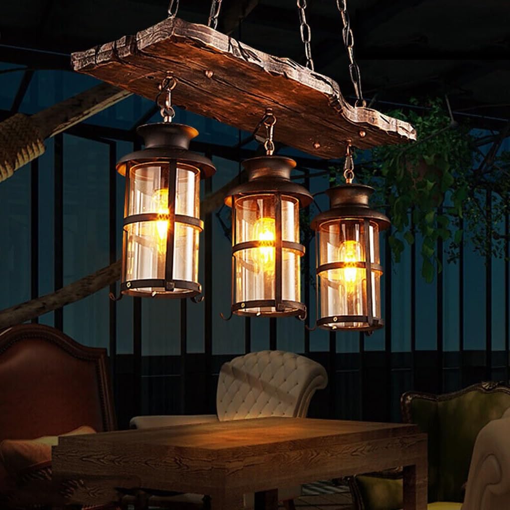 Retro Solid Wood Pendant Light Industrial Style Vintage Hanging Lamp Wood Ceiling Chandelier E27 Antique Edison Retro Lamp Kitchen Dining Chandelier Light Fixture (Size : 3 heads)