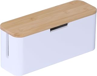 Relaxdays Kabelbox für Steckdosenleiste, Bambus, Deckel, Natur/weiß