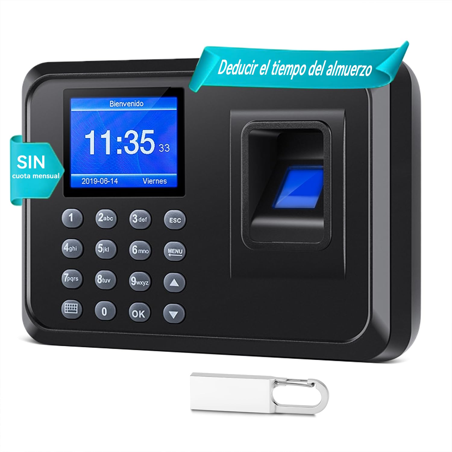 Control Horario Empleados, Reloj de Fichar, Maquina de Fichar, Fichaje Empleados con Sistema Española LCD Memoria de 8GB, con Capacidad de 1000 Huellas de fichar (No se Requiere Internet)