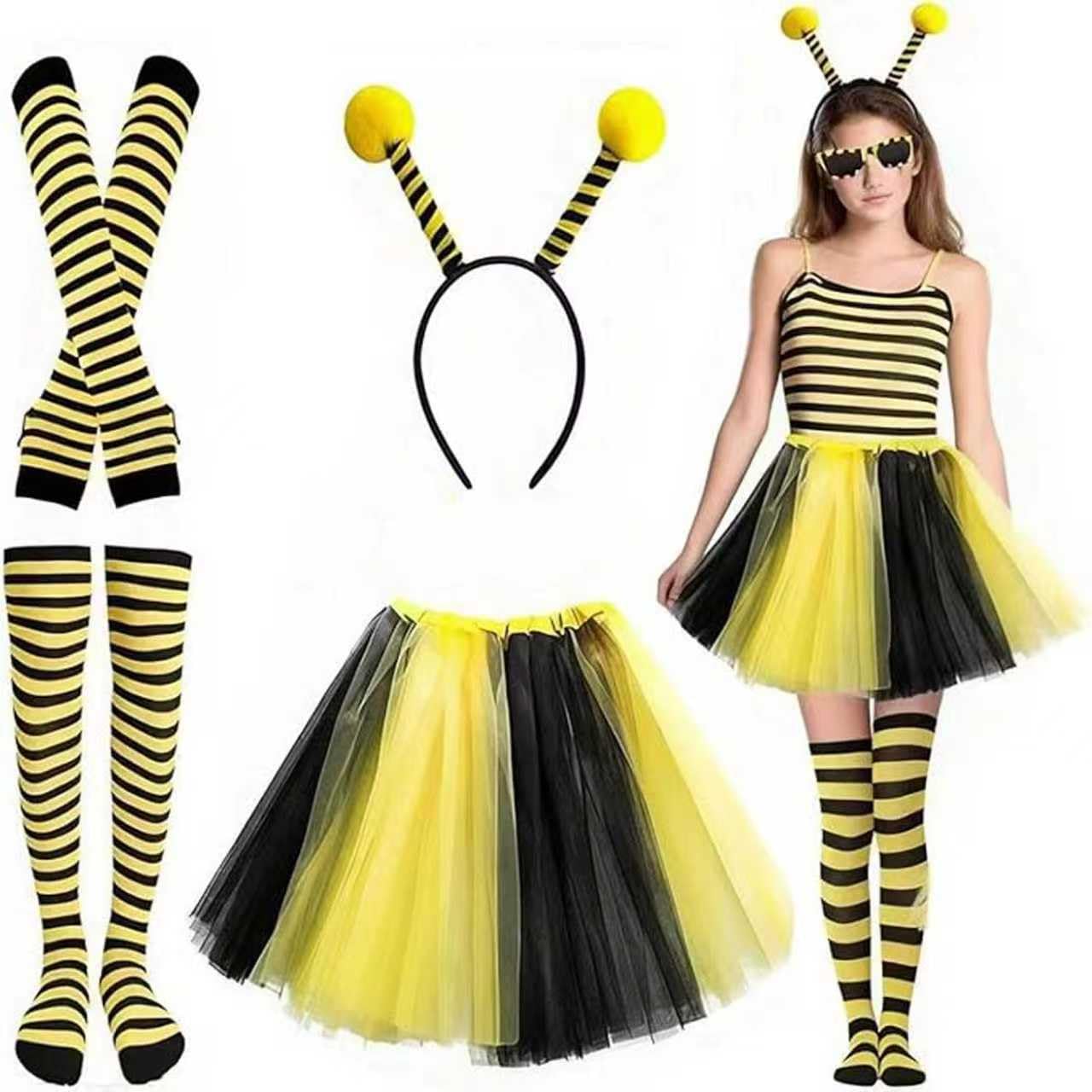 Disfraz de Abeja para Mujer,Diadema con Antenas, Falda de Tul, Guantes a Rayas y Medias,Lunettes de soleil,Disfraz de Abeja para Cosplay Carnaval