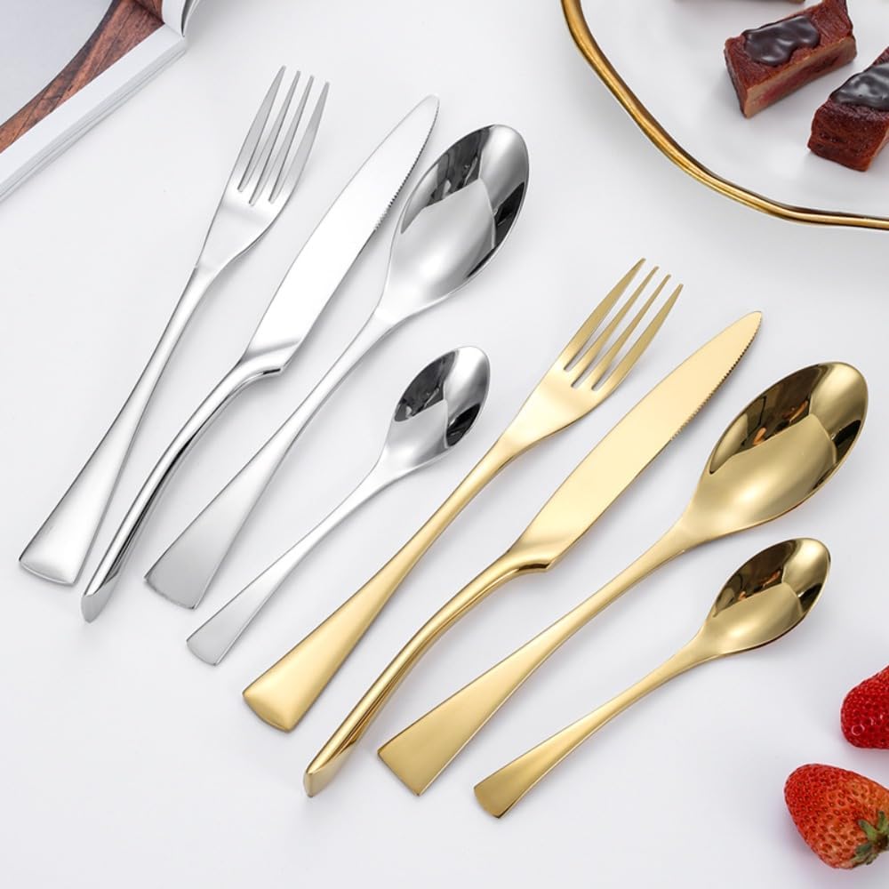Titanium-plated Fishtail Handle Kitchen Stainless Steel Silverware Tableware Flatware Cutlery Set Steak Knife Fork Spoon Teaspoon (Gold,16 pieces)