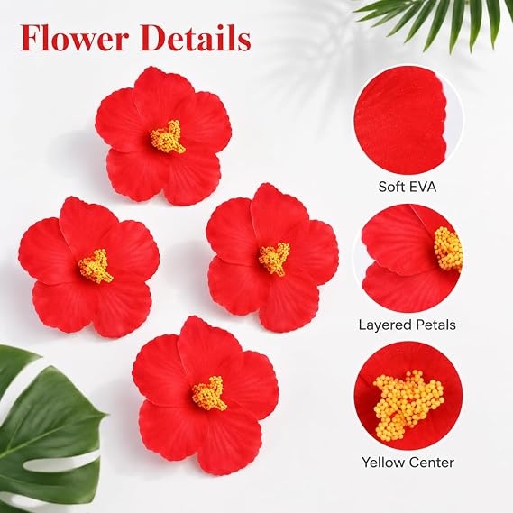 Garneck 10Pcs Artificial Hibiscus Flowers Red Tropical Luau Party Decor