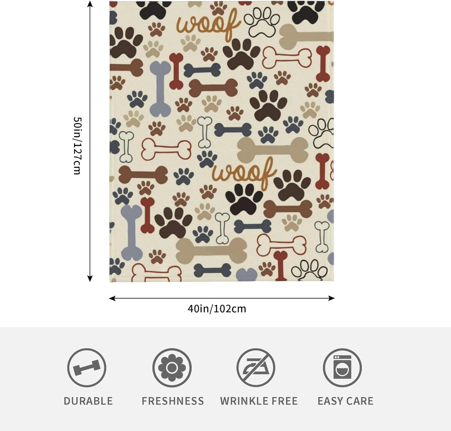 Dog Paw Prints Bones Fleece Throw Blanket Super Soft Flannel Cozy Blankets Washable Lightweight Fuzzy Blanket for Couch Sofa Bed Office Travel Camping Warm Plush Blankets for All Season (50"x40")