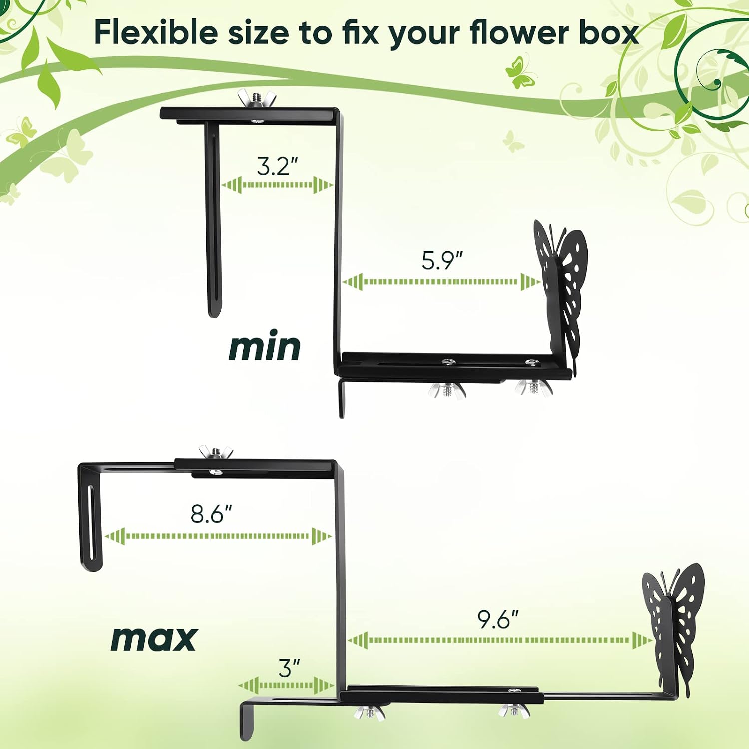 Condition photo showing New/Like New for viviken planter box bracket, adjustable hang window box holder with butterfly, hanging flower pot stand brackets for outdoor patio garden fence pergola balcony supporting heavy planters-4pack 4 pack black butterfly