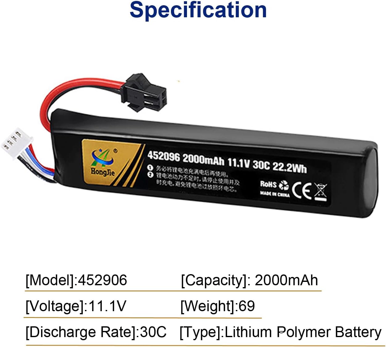 NOUCHU 6 Pack 452096 11.1V 2000mAh 30C Rechargeable Lithium Battery with Black Plug for Airsoft Gun