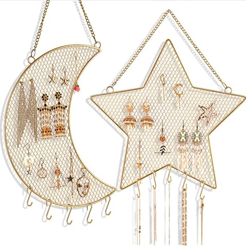 tixudao Hanging Jewelry Organizer, 2pcs Gold Metal Grid Star and Moon Shape Jewelry Rack Wall Mounted Hanging Necklaces Display with 7 Hooks for Necklaces Bracelets and Rings Cover