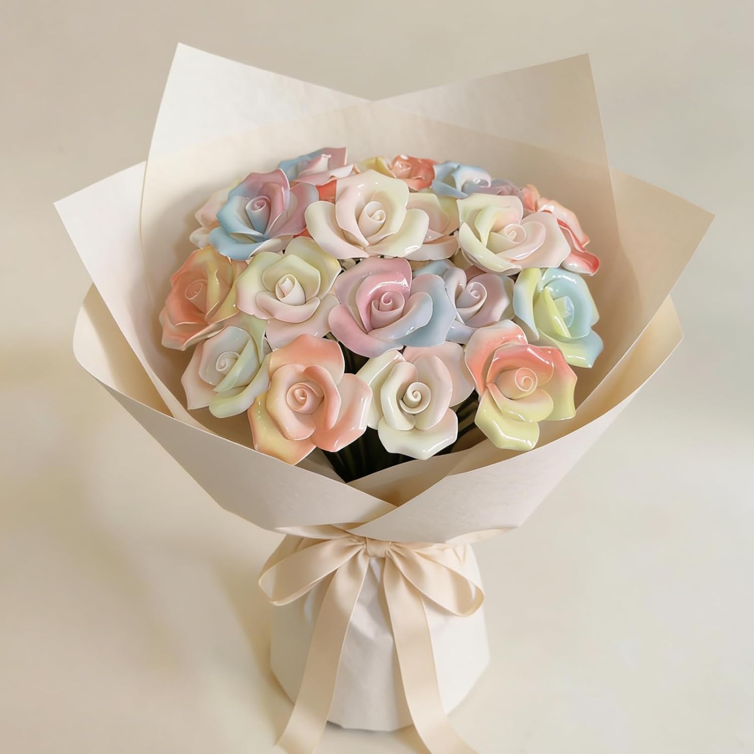 3D Ceramic Rose Bouquet Set of 25 Handcrafted Decorative Floral Arrangement Multi-Color l Blossoms Eternal Flower Home Decor Gift for Living Room, Bedroom, Office Decor，Home Decor (Colorful)