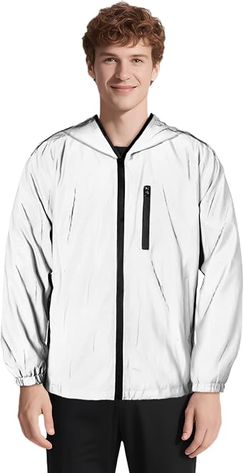 Mens Reflective Cycling Jacket Totally Reflective Silver Hi Vis Jacket with Hood Women High Visibility Running Coat Hooded Waistcoat Reflective Tape Workwear Top for Night Outdoor Jogging Hiking
