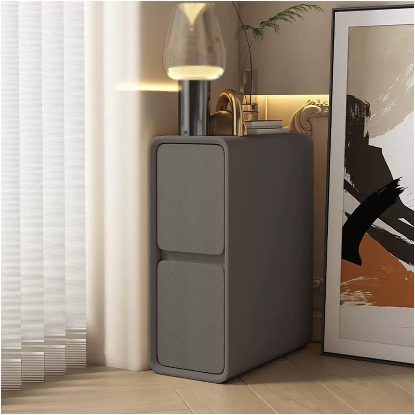 Side Table 2 Drawers Bedside Table Space Saving Ultra Narrow Wood Nightstand End Tables Side Table Bedside Locker for Livingroom Bedroom Office, Fully Assembled, Dark Grey Artificial Leather Finishing