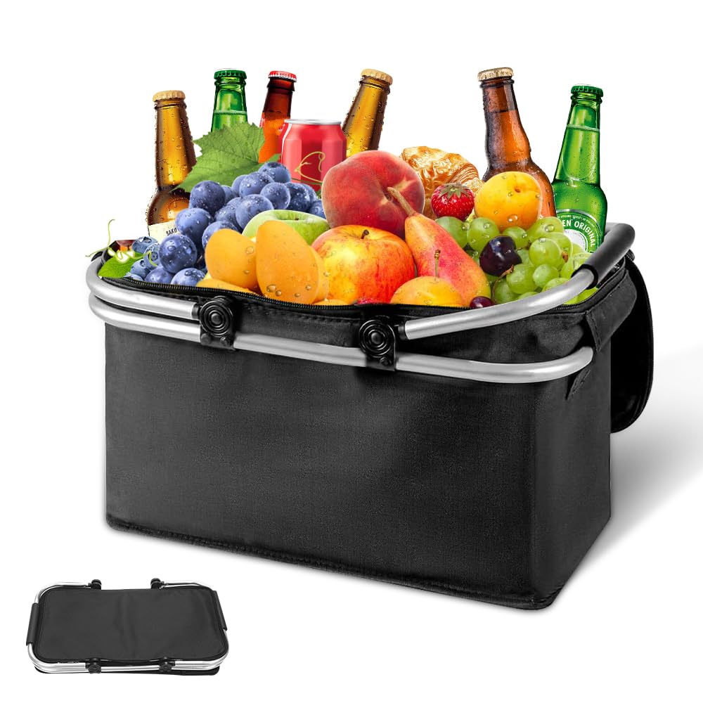 Einkaufskorb Faltbar, 30L Kühlkorb mit Deckel, Thermo Korb Einkaufen mit Klapprahmen aus Aluminiumlegierung und Griff, Picknickkorb mit Reißverschluss, Kühltasche Faltbar für Camping, Einkaufen