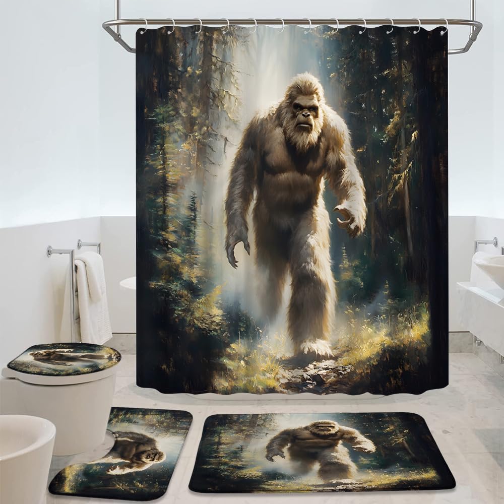 4Pcs Funny Sasquatch Shower Curtain Set with Bath Rug U Shape Mat and Toilet Lid Cover Misty Forest Green Pine Fir Tree Farmhouse Rustic Wild Man Country Hunting Bathroom Decor Set with 12 Hooks