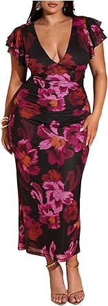 BEAUDRM Womens Plus Size Cocktail Maxi Dress Wedding Guest Party Dresses | Floral, Bodycon, Ruffle Short Sleeve, Deep V, Mesh, Date Night Dress, Party Dresses