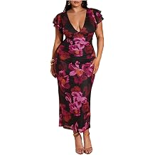 BEAUDRM Womens Plus Size Cocktail Floral Maxi Dress Deep V Ruffle Short Sleeve Bodycon Mesh Wedding Guest Party Dresses