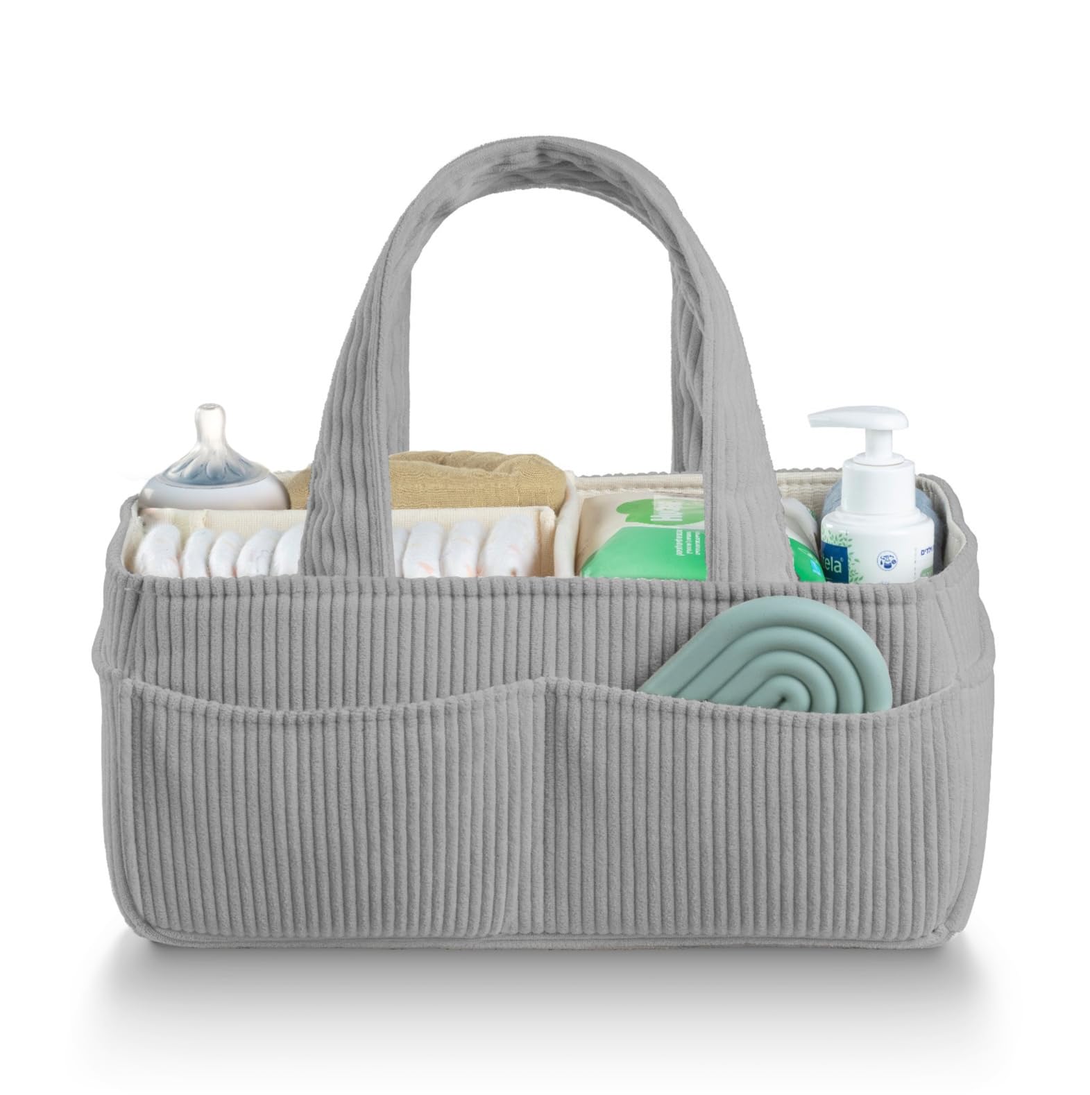 PUTSKA Baby Diaper Caddy Organizer for Changing Table – Stylish Nursery Storage Basket, Newborn Essentials, Baby Shower Gifts and Registry Must-Haves for Boy or Girl, Car Diaper Caddy, Corduroy grey
