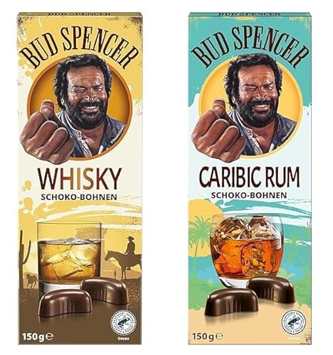 Piasten Bud Spencer Whisky & Caribic Rum Schoko-Bohnen - 2 x 150 g Doppelpack - Zartbitter-Pralinen mit Whisky- und Rumfüllung