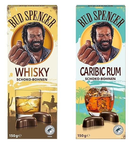 Piasten Bud Spencer Whisky & Caribic Rum Schoko-Bohnen - 2 x 150 g Doppelpack - Zartbitter-Pralinen mit Whisky- und Rumfüllung