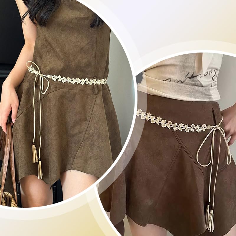 Tassel Floral Thin Waist Belt With Wood Beaded Hollowed Out Flower Suede Leather Belt for Dresses Skirts Jeans Bohemian Beaded Fringe Tie Belt for Women Ladies4