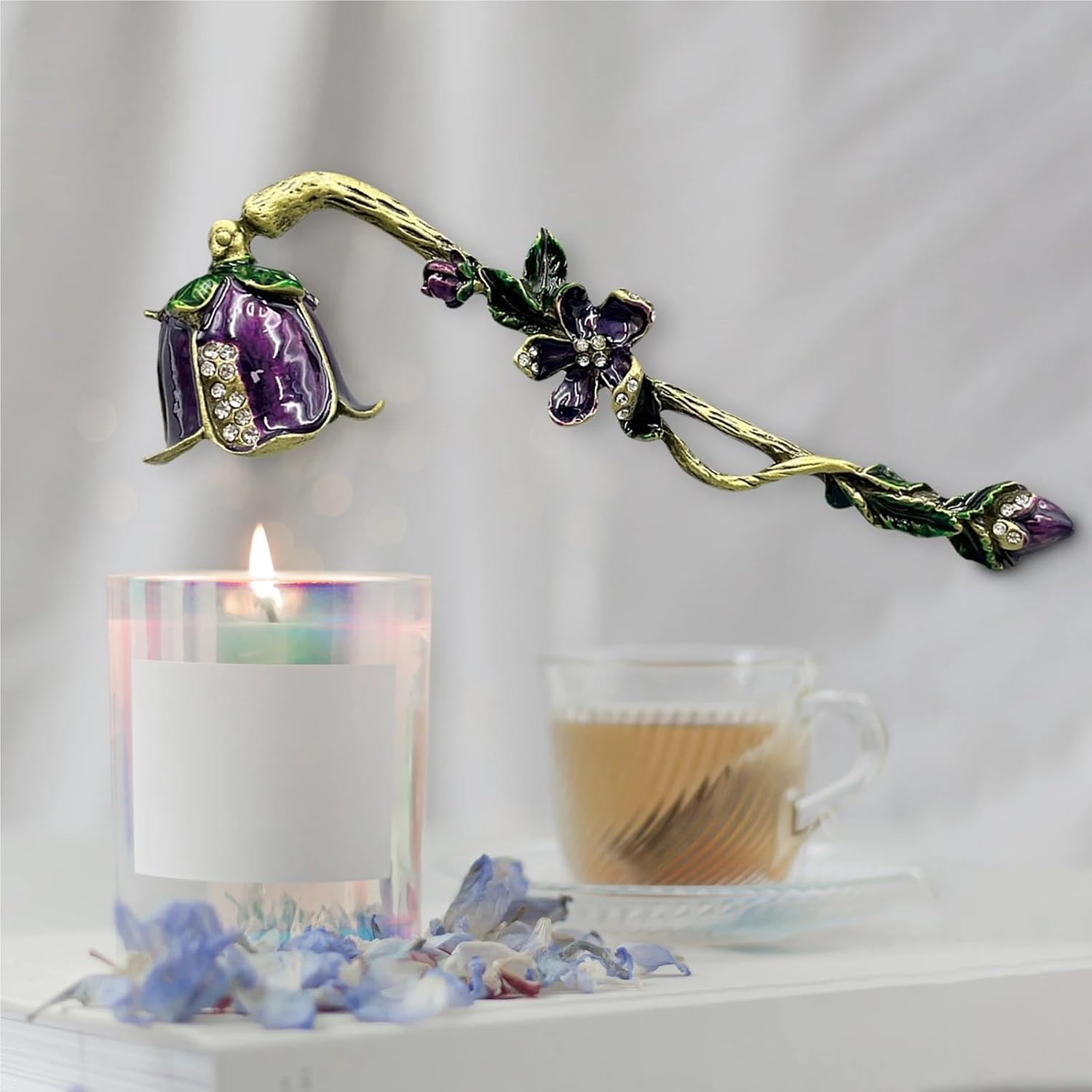 Candle Snuffer Candle Snuffer with Long Handle Anti Slip Snuff Tool Engraved Flowers Wick Trimmer for Home Decoration Extinguish The Candle(Color E)