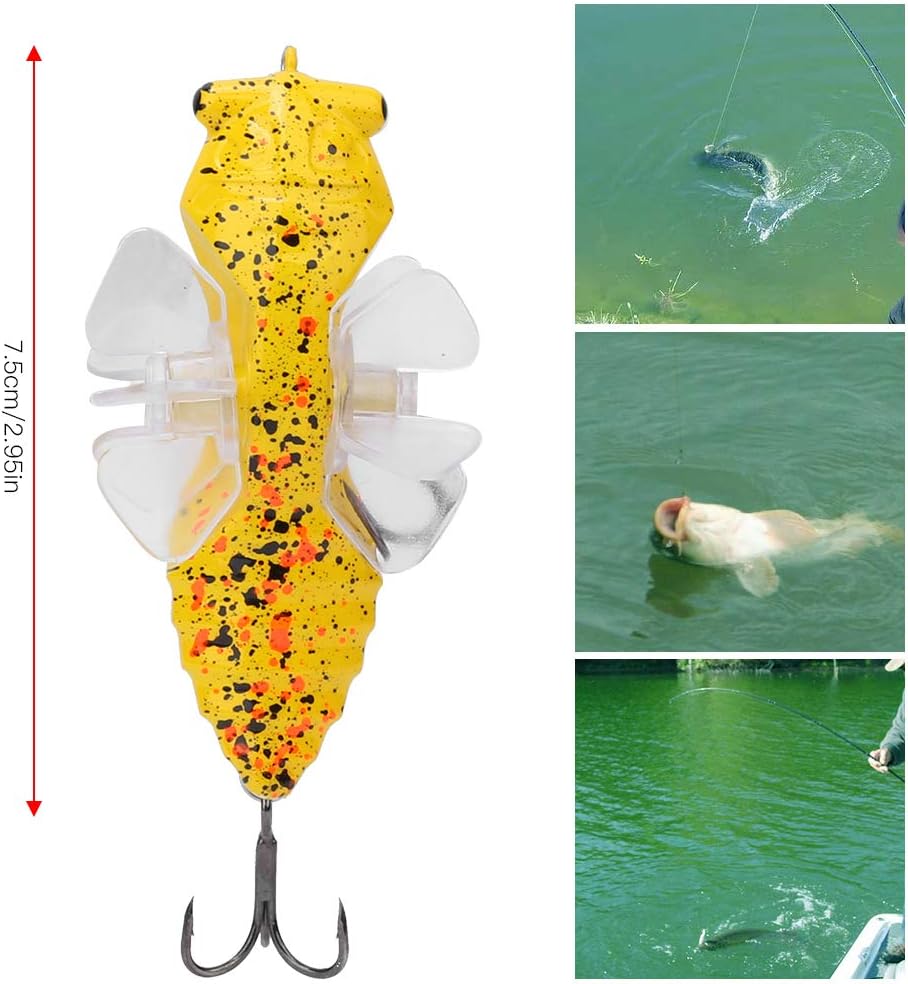 Keenso Fish Lure Artificial Lure Lure,Hard Fish Lure Bionic Cicada Shape Fishing Bait Artificial Lure with Rotating Spins Propeller Treble Hook 7.5cm Soft Lures