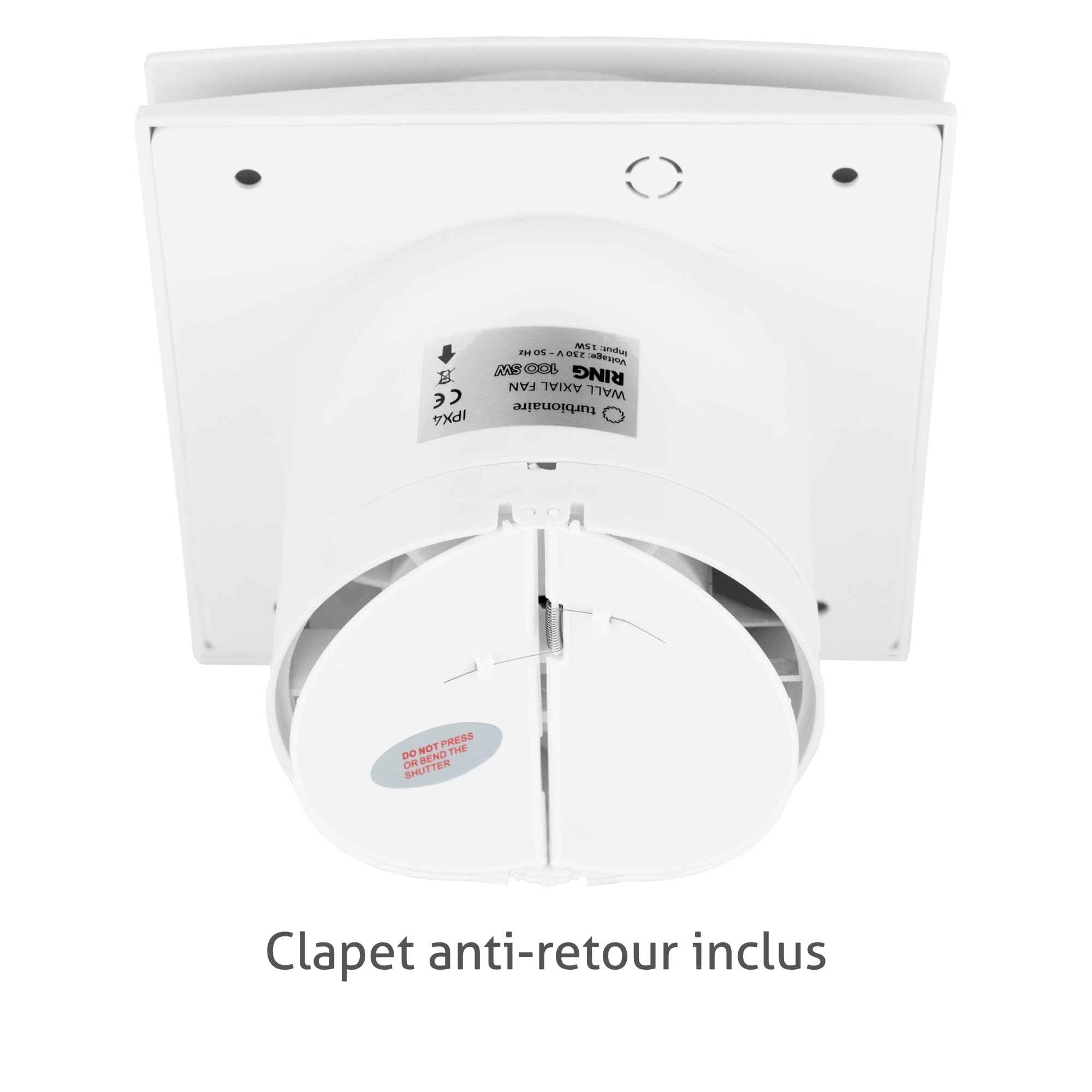 Turbionaire RING 100 SW Ventilateur, Extracteur de Salle de Bain 100mm, Double Aspiration Périmètre et Frontal, 100 mm, Blanc Clapet anti-retour, Protection IPX4