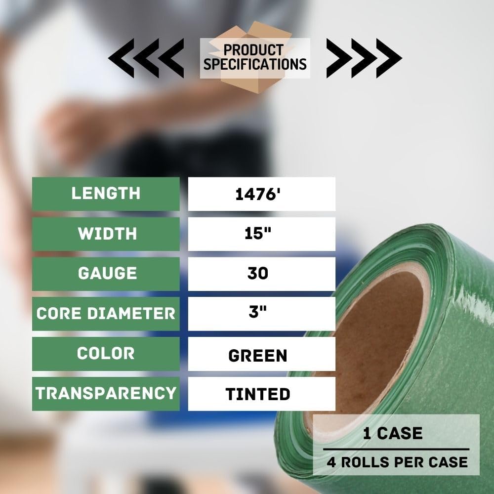 PSBM Tinted Green Pre-Stretched Wrap, 4 Rolls 15 Inch x 1476 Feet 30 Gauge Plastic Wrap Industrial Strength Shrink Film for Moving, Packing & Shipping