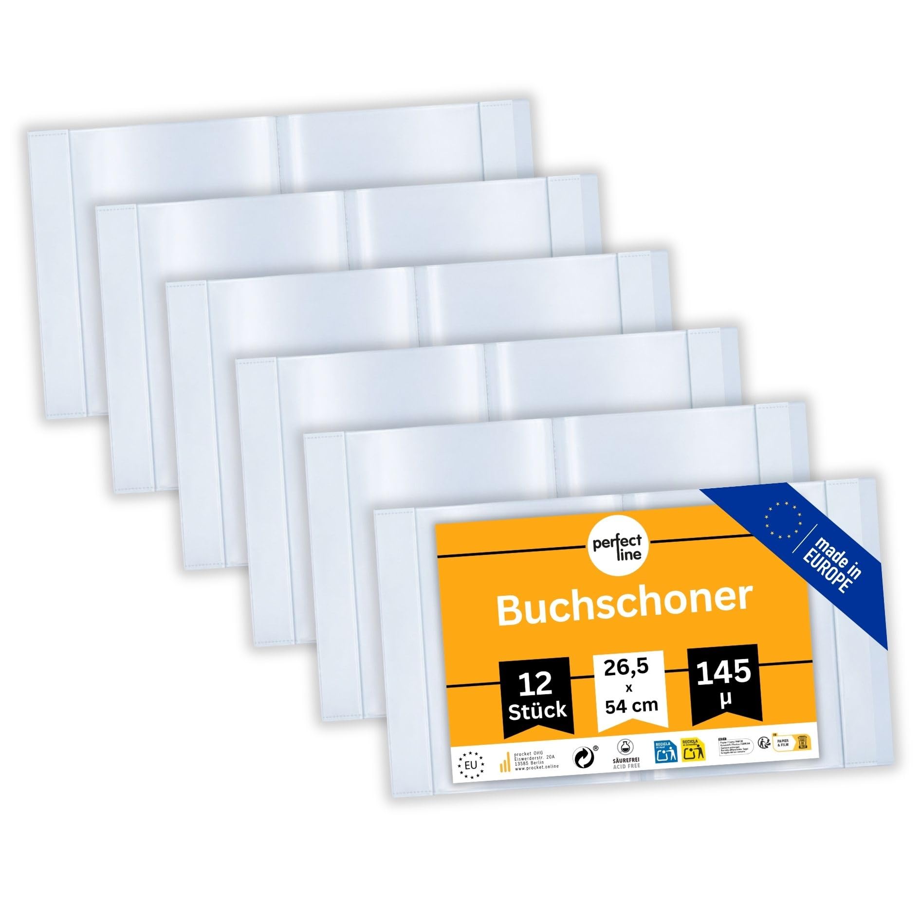 perfect line – 12x Buchumschlag 26,5 cm Höhe – Schulbuchhülle extra stabil aus PP – Buchschoner glasklar, transparent, abwischbar – Hülle bis 54 cm Breite – Made in EU – ideal für Bücher