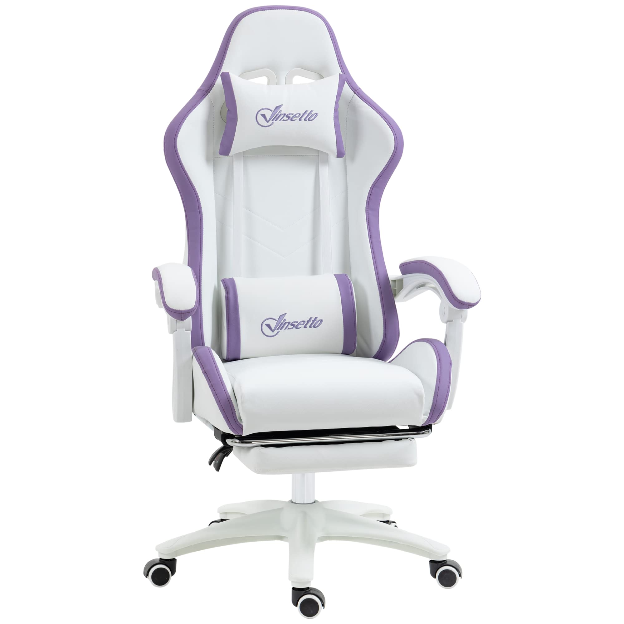 Vinsetto Silla Gaming Ergonómica, Silla Gamer de Cuero PU con Reclinable 135°, Soporte Lumbar, Altura Ajustable, Reposacabezas y Reposapiés Retráctil, para Oficina, Estudio, Blanco y Violeta
