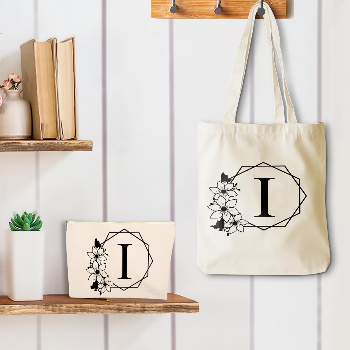 jeilink Initial Monogrammed Canvas Tote Bag Personalized for Wedding Birthday Beach Christmas Cosmetic Bag Tote Bag image 3