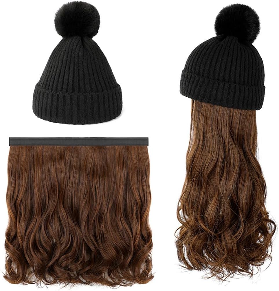 Wig Cap Hat Wig Removable Hair Extensions Wig Long Curly Hair Removable Fashion Beanie Natural Realistic Wig Cap Hair Extension Cap(B)