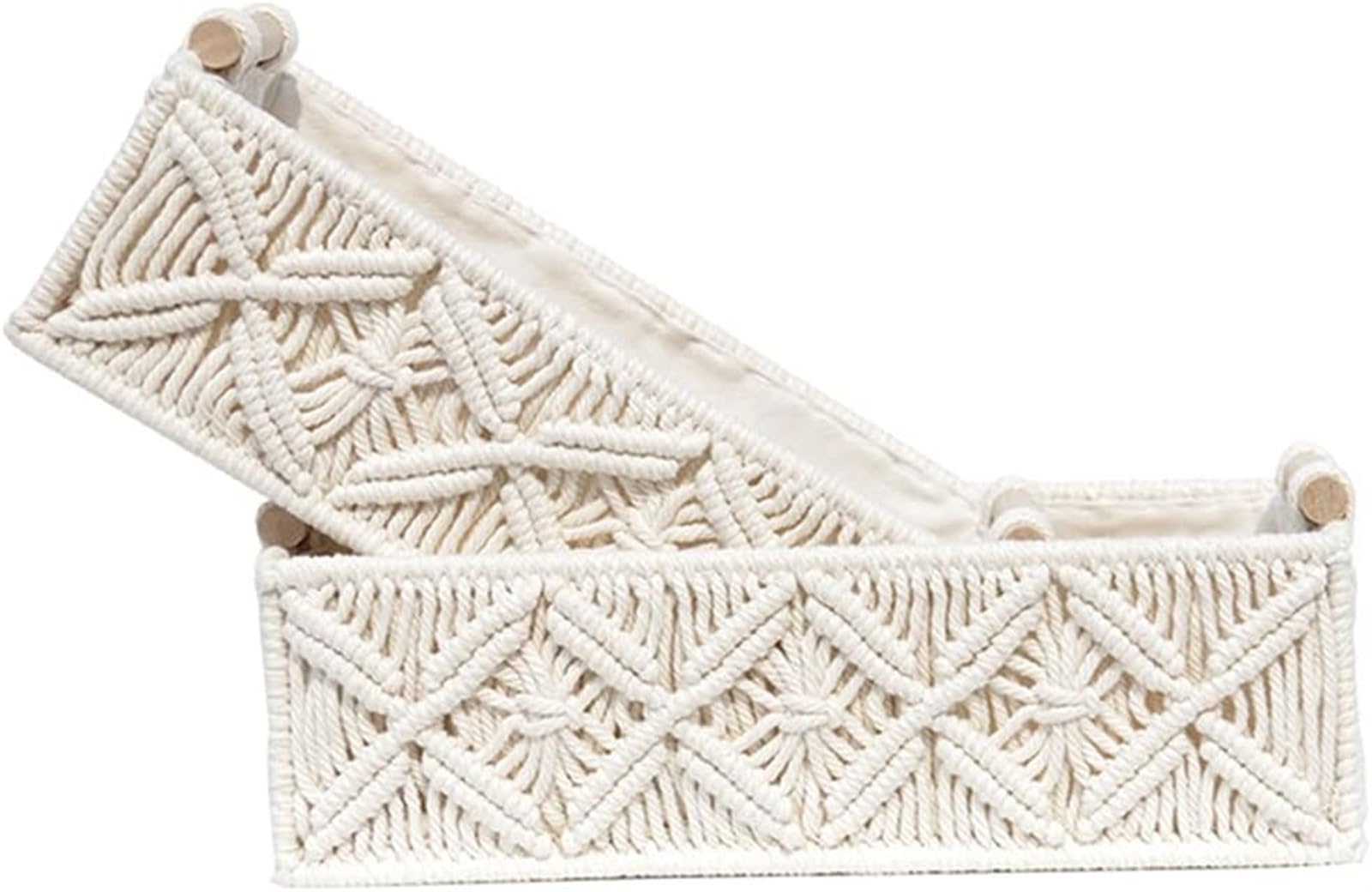 GeRRiT 2 Cestas De Almacenamiento De Macramé con Asas De Madera, Cesta De Almacenamiento Bohemia, Caja De Decoración, Organizador De Encimera Decorativo Tejido Hecho Mano, Cestas De Macramé