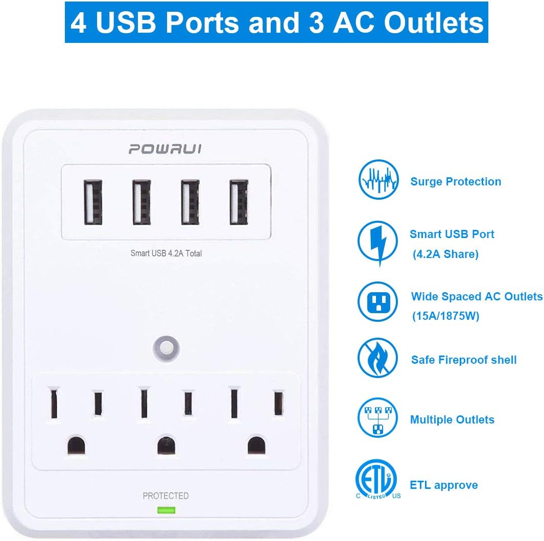 POWRUI Multi Wall Outlet Adapter Surge Protector 1680 Joules with 4-USB Ports Wall Charger, Wall Mount Charging Center 3 Outlet Wall Mount Adapter for Home, School, Office, ETL Certified