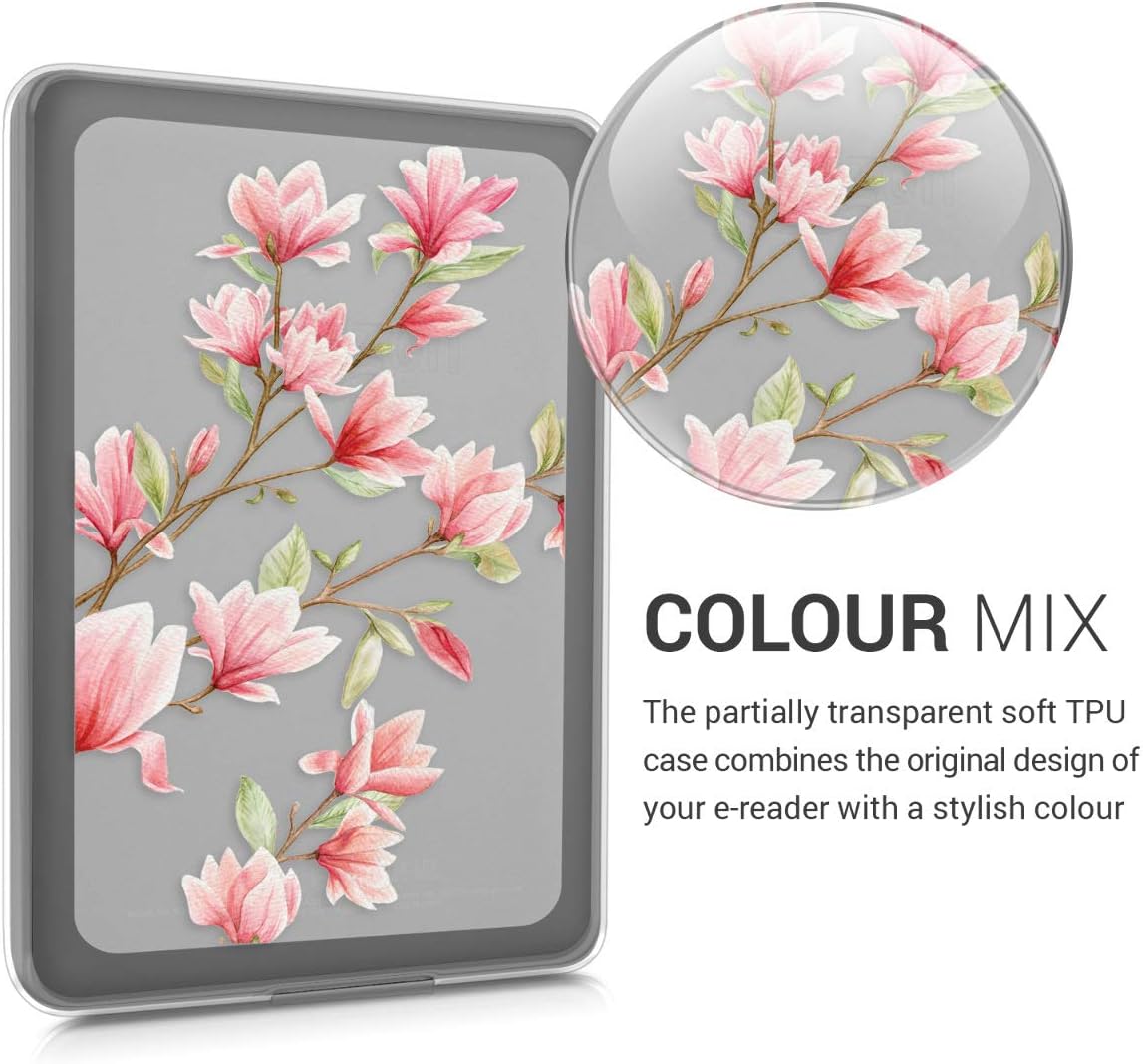 kwmobile Case Compatible with Amazon Kindle Paperwhite (10. Gen - 2018) - TPU Silicone eBook Cover - Magnolias Pink/White/Transparent