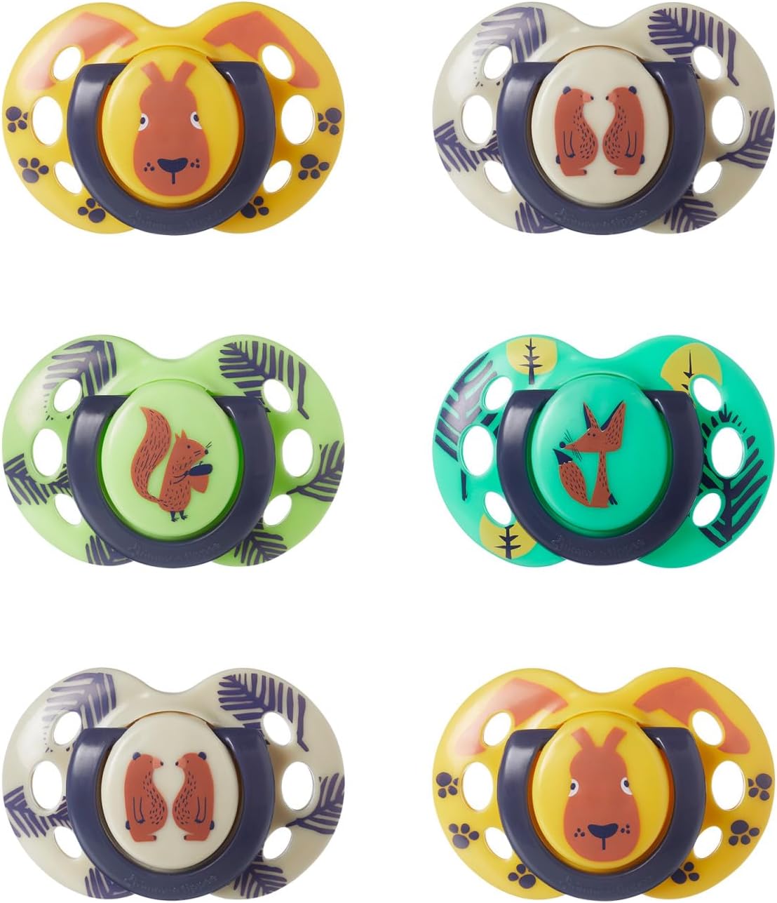 Tommee Tippee Anytime Matte Pacifiers, 18-36 Months, Symmetrical Baglet, BPA-Free Binkies, Yellow, Green and Beige, Pack of 6