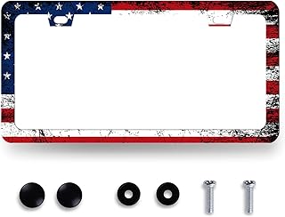 American Flag License Plate Frame Retro US Flag Patriotic License Plate Holder Stainless Steel Auto Parts Colorful License Plate Funny Decoration Men Women Size 12.2"x6.2" with Screws