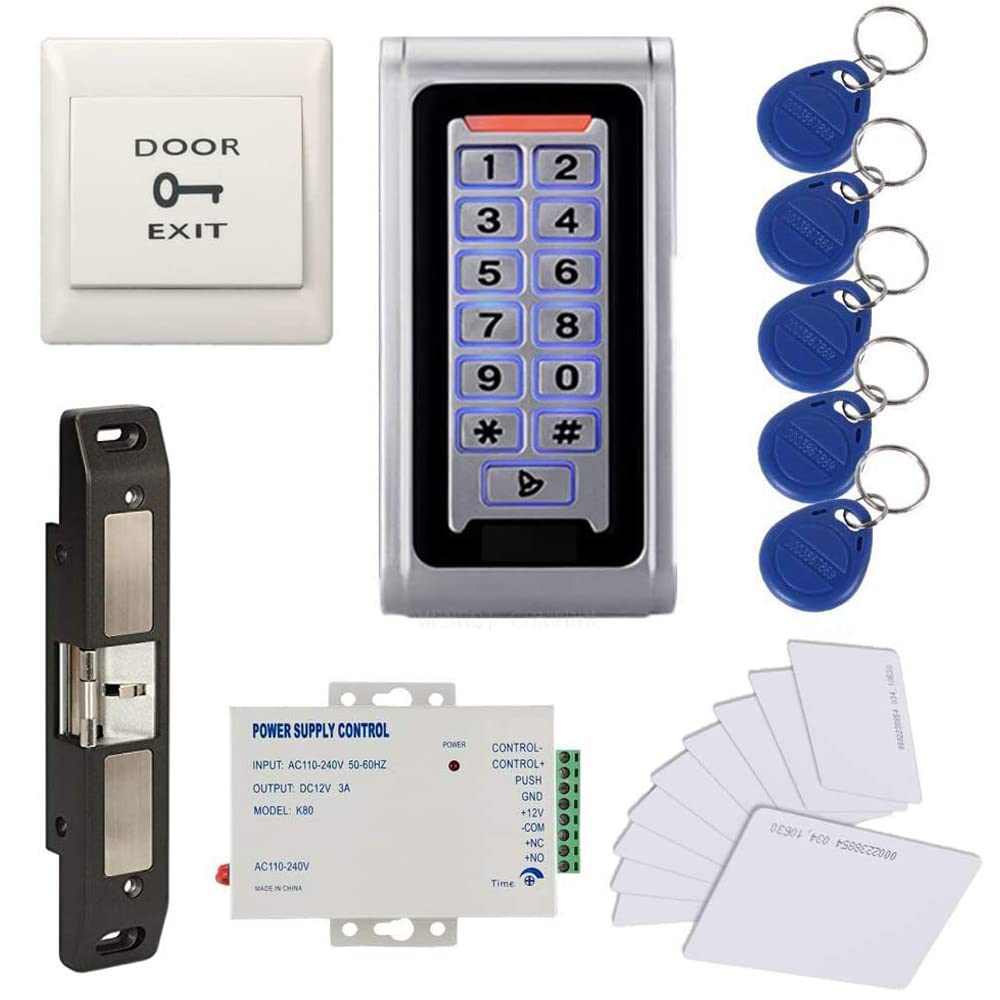 MENGQI-CONTROL Waterproof Metal RFID+PIN Code Door Security Access Control System Kits with Push Bar Strike Lock,110V-240V Power Supply Unit,Exit Button,RFID Cards/Key Fobs