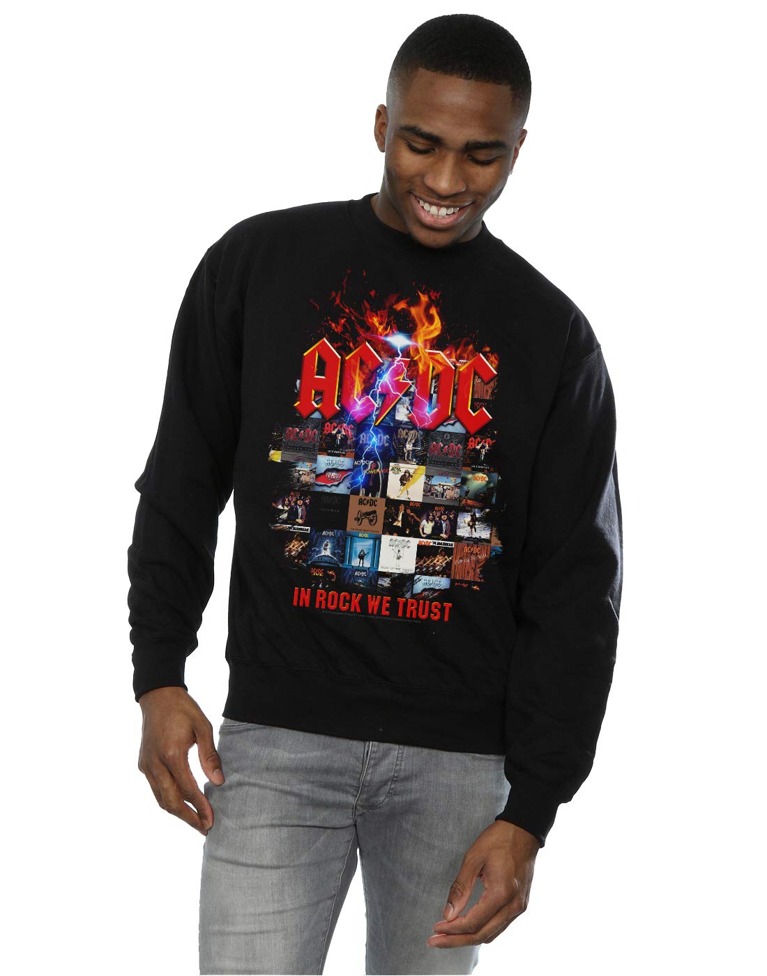 Absolute Cult Men's Black Ac/Dc In Rock We Trust Album Cover Sweatshirt Medium