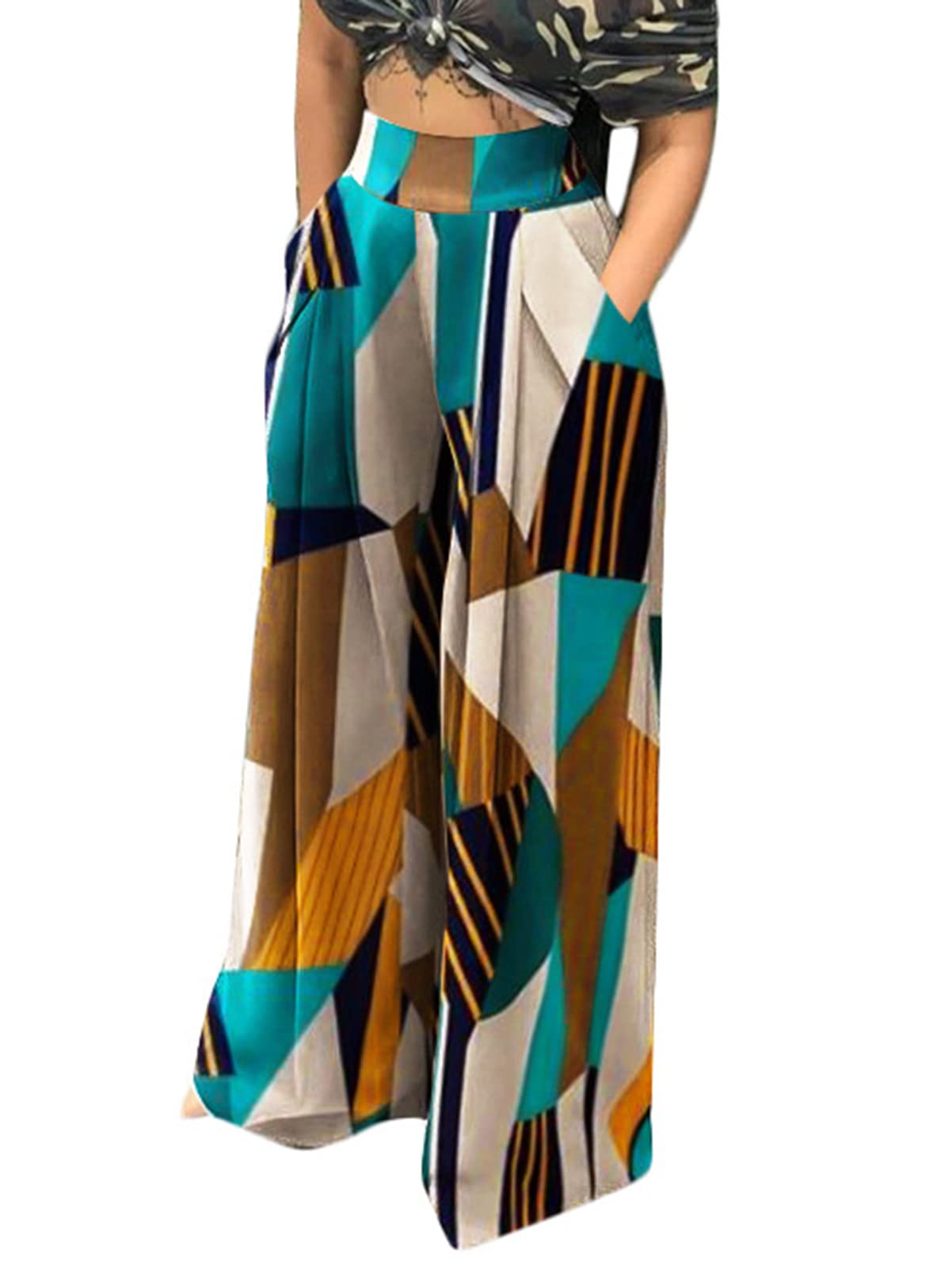 FamnbroWomen's Floral Print Palazzo Pants Loose Fit Elastic High Waist Long Wide Leg Trousers Plus Size