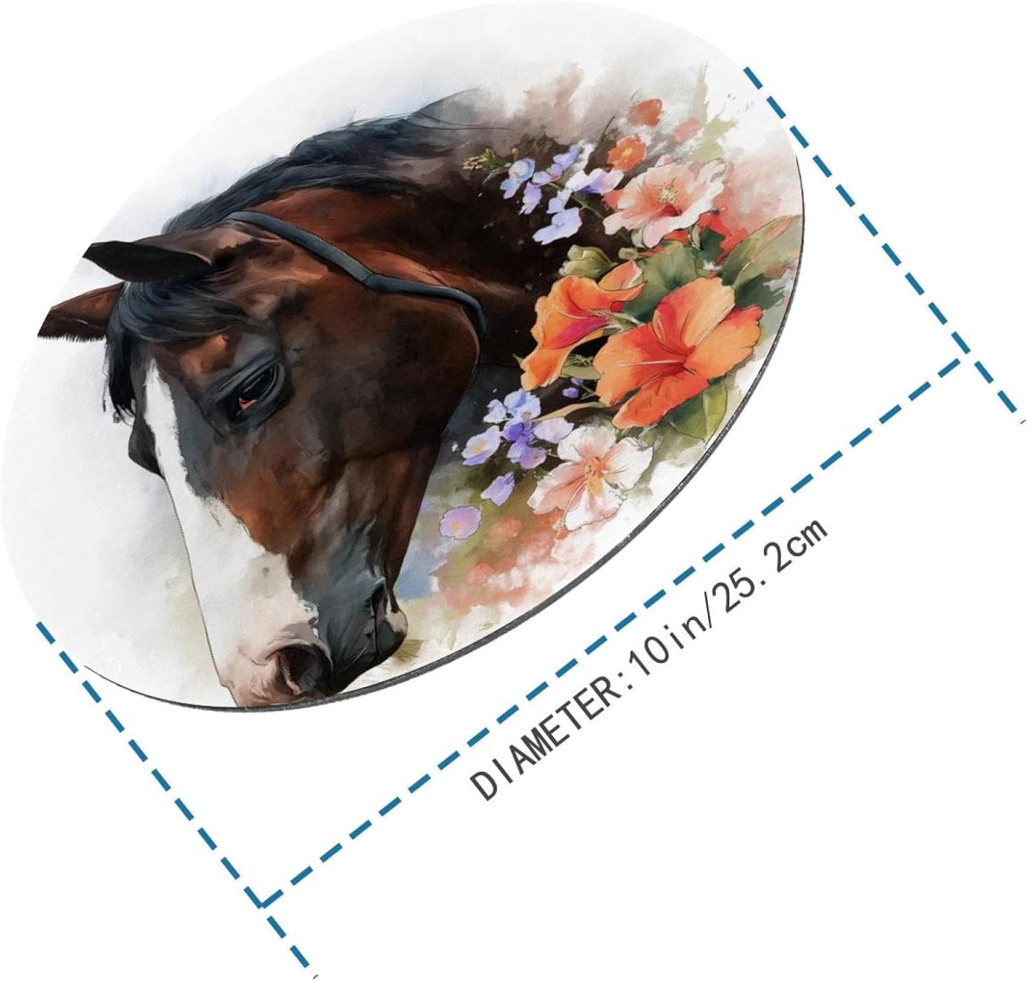 Round Mouse Pad for Women Men, 10’’ Round Desk Pad Mousepad Non-Slip Rubber Base, Office Home Laptop Accessories, Art Watercolor Horse with Flowers image 3