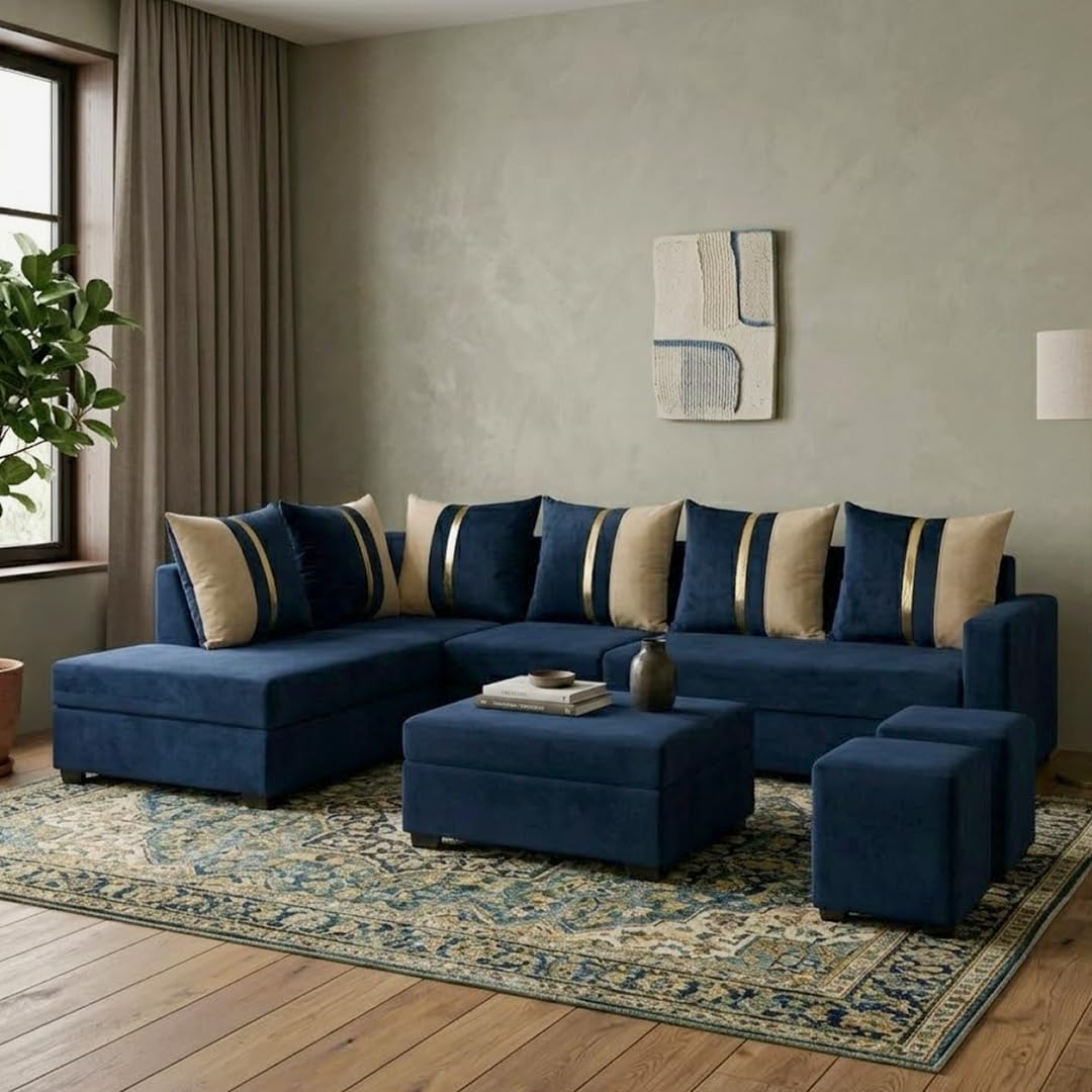 CASASTYLE Gloriza Velvet-Suede Fabric 8 Seater LHS Sofa Set (Dark Blue) | with 2 Ottomans & Centre Table | Comfortable & Spacious Seating | Modern Sofa Set for Living Room-image-39